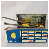 Soviet Era Tin Lithograph Garage Toy with Two Plastic Vehicles