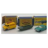 Three Boxed Matchbox Series Diecast by Lesney — No. 42 Bedford 'Evening News' Van, No. 55 DUKW Amphibian & No. 33 Ford Zephyr 6, England, 1957–1968, with Bonus Yesteryear Reference Book
