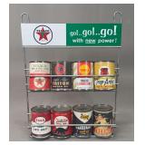 Texaco Advertising Display Rack with Eight Assorted Petroleum Product Cans