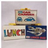 Collection of Three J. Chein & Company Mini Metal Lunch Boxes and Car Carriers