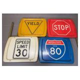 Set of Four Metal Traffic Sign Trays with Folding Stand