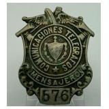 Vintage pre-1959 Cuban 'Comunicaciones Telégrafos — Mensajero' Numbered Badge #576 V. Santos