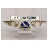 Vintage Eastern Air Lines uniform crew wing badge “R.K. Rosenquist”