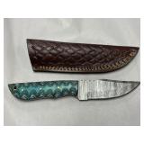 Blue Handle Damascus Steel Knife W/ Sheath