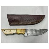 Wood Handle Damascus Steel Knife W/ Sheath