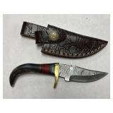 Horn Handle Damascus Steel Knife W/ Sheath