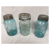 3 Blue Atlas & Ball Glass Canning Jars With Tops