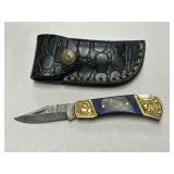 Blue Handle Damascus Steel Pocket Knife W/ Sheath