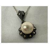 Sterling Silver & Marcasite Pearl Necklace