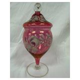 Cranberry Glass Lidded Footed Jar with Floral