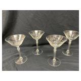 Four Etched Glass Stemmed Glasses