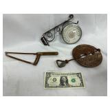 Vintage Thermometer, Pipe Vise, and Saw