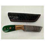 Damascus Steel Knife with Green Resin and Wood