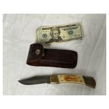 Nice Bone Handle Pocket Knife With Leather Case