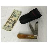 Nice Bone Handle Two Blade Pocket Knife & Case