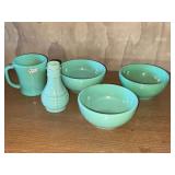 Fire King jadeite coffee mug, 3 cereal bowls