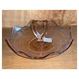 Pink Depression Glass etched handled bowl
