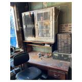 Wooden desk, parts bin, wall cabinet 42" W x 14" D x 34" T