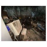 Large collection of motors, transmissions, metal cabinets, deep freeze with scrap, etc.