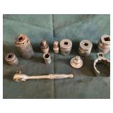 Snap-On 1/2" drive ratchet, 1/2" and 3/4" drive sockets, crows foot, etc.