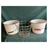 Enamel and wire buckets.