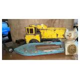 Tonka dump truck, Jeep, wooden motor boat