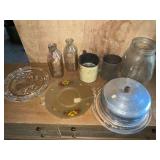 2 milk bottles, covered cake plate, butter churn jar