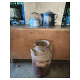 Rusty milk can, granite coffee pot (some holes)
