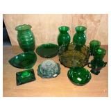 Green coin glass bowl, green juice glasses, vases