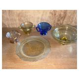 Cobalt blue creamer, Depression Glass amber bowl