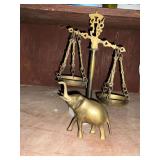 Brass scale and brass elephant, 5" T