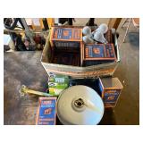 Metal enamel coated light fixture and assortment of light bulbs.