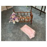 Doll bed, 9 patch quilt, baby sweater set.