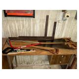 Bow saw, hand saws, jab saw, pair of squares