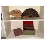Oriental tea set, fans, boxes, etc.