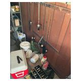 Zebco and other rods and reels, tackle box, supplies, fishing basket