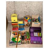 Easy-Bake oven, plastic animals, wooden blocks, Die Cast cars, plastic cash register, etc
