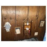 Decorative items, wooden sleigh shelf, glass insulators, swinging rabbit, etc.