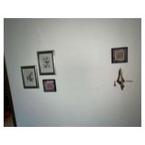 Artwork, mirrors, brass candle sconce with snuffer, etc.