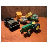 Tonka metal Jeep, Tonka orange dump truck, Tonka livestock truck, John Deere Die Cast tractor
