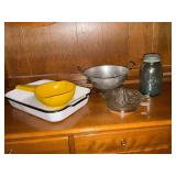 Metal strainer, Blue Ball jar, juicer