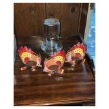 Glass chicken waterer, 3 metal turkey baskets.