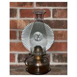 No. 2 Queen Anne Oil lamp with reflector and wall rack.