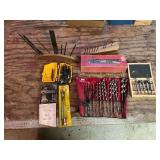 Assortment of drill bits, wood boring, metal, Forstner bits, and others.