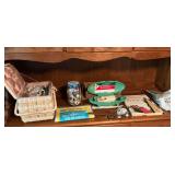 Sewing basket, jar of buttons, Singer buttonhole attachment, sewing box, etc.