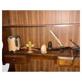 Native American items, drum totem pole, figurines, cross bow, etc.