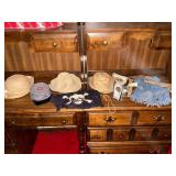 Cap gun and holster, wooden toy guns, cowboy hat, leather vest, etc.