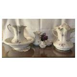 Porcelain violet basin and pitcher, small pitcher, two-handled urn, some with damage