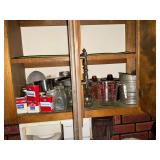 Vintage spice tins, jars, flour sifter, cheese crocks, measuring cup, etc.