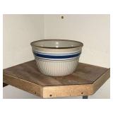Crock bowl with blue band, chip and small crack